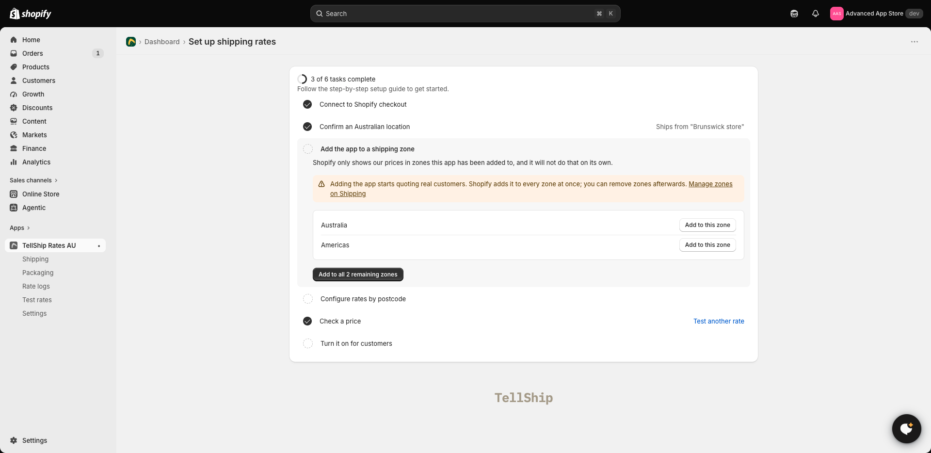 The setup guide, step by step, with three of six tasks done