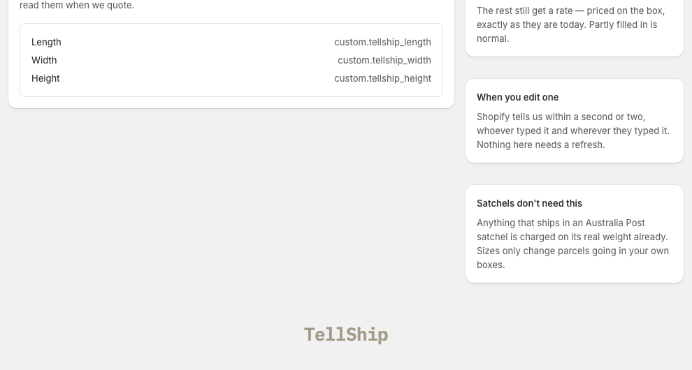 The Product dimensions screen: the three fields, coverage, and why satchels never need this