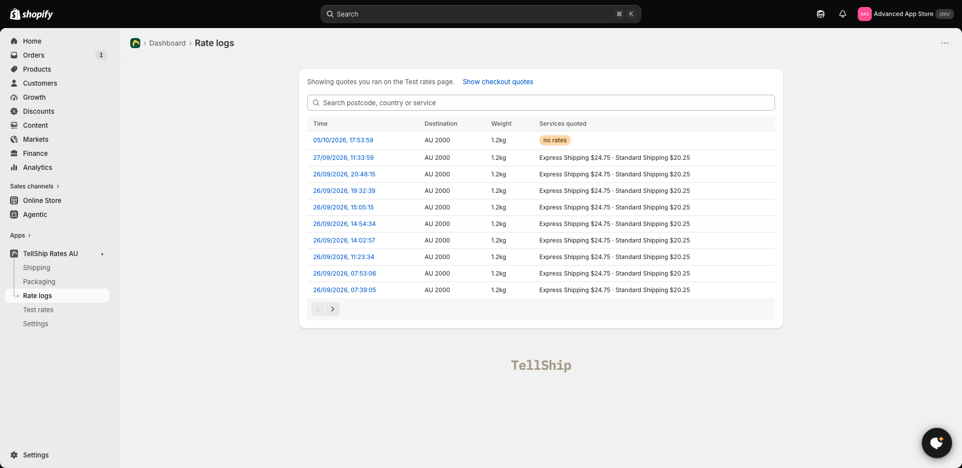 Rate logs listing every quote, including one that returned no rates