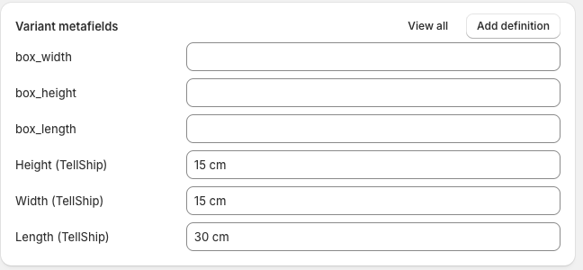 A variant's metafields: Length, Width and Height (TellShip), typed in centimetres