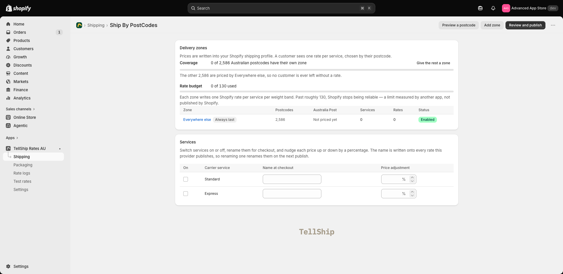 The Ship By PostCodes screen: zones, coverage and the services table