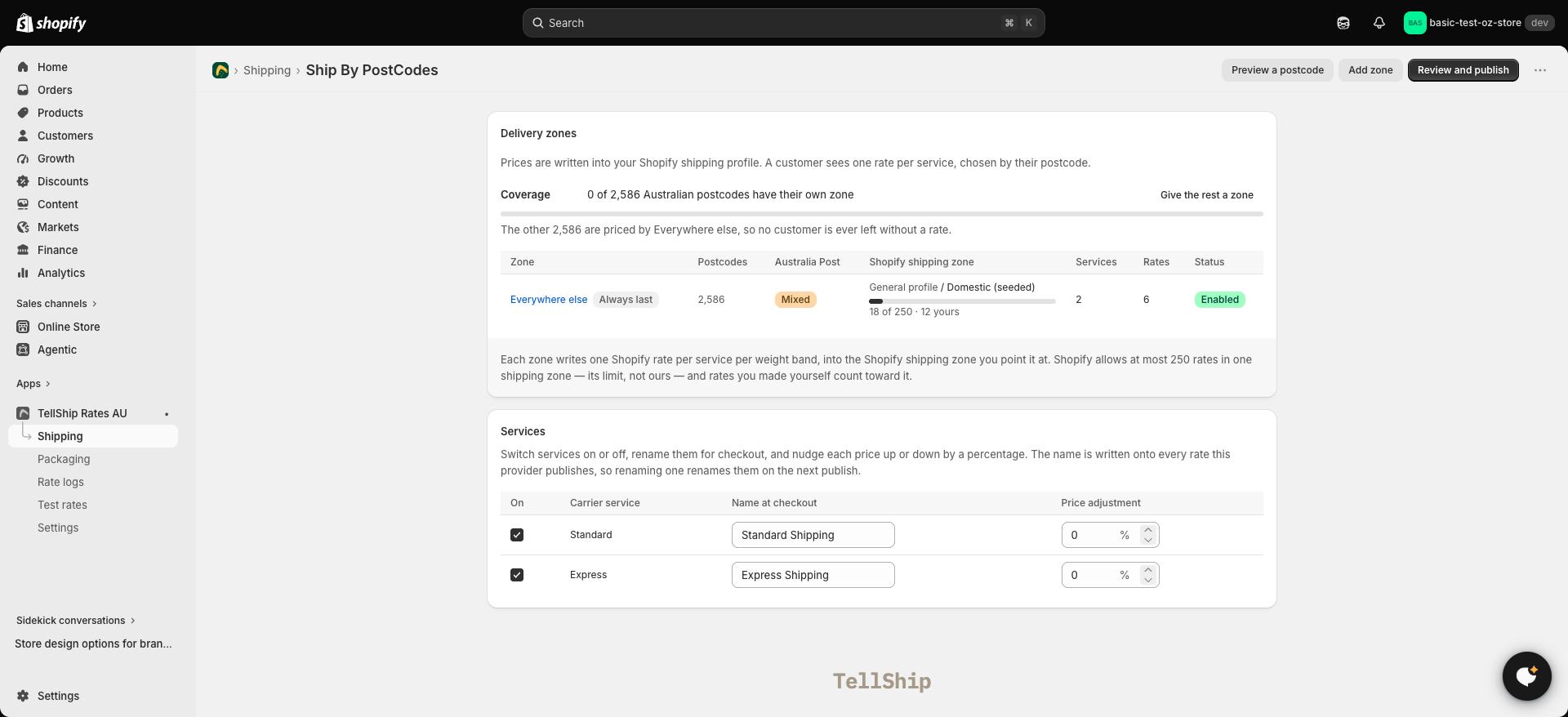 The Ship By PostCodes screen: zones, coverage and the services table