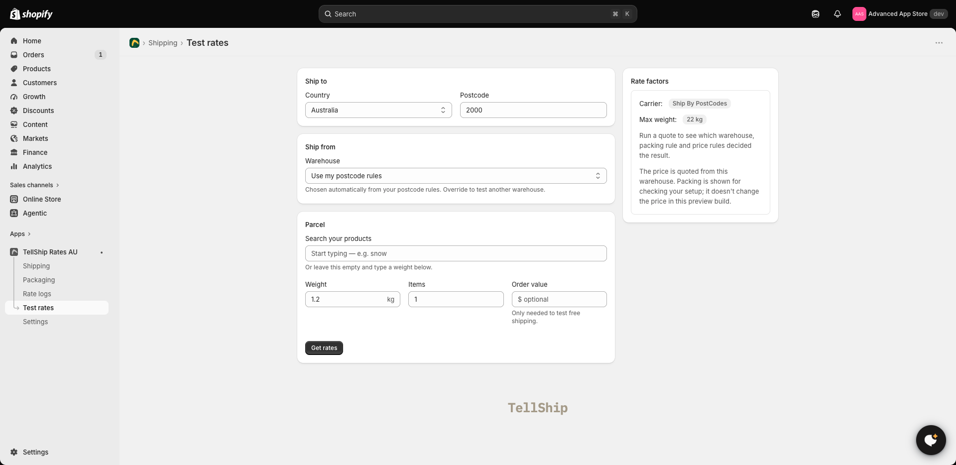 Test rates: a parcel, a postcode, and the rate factors beside the form
