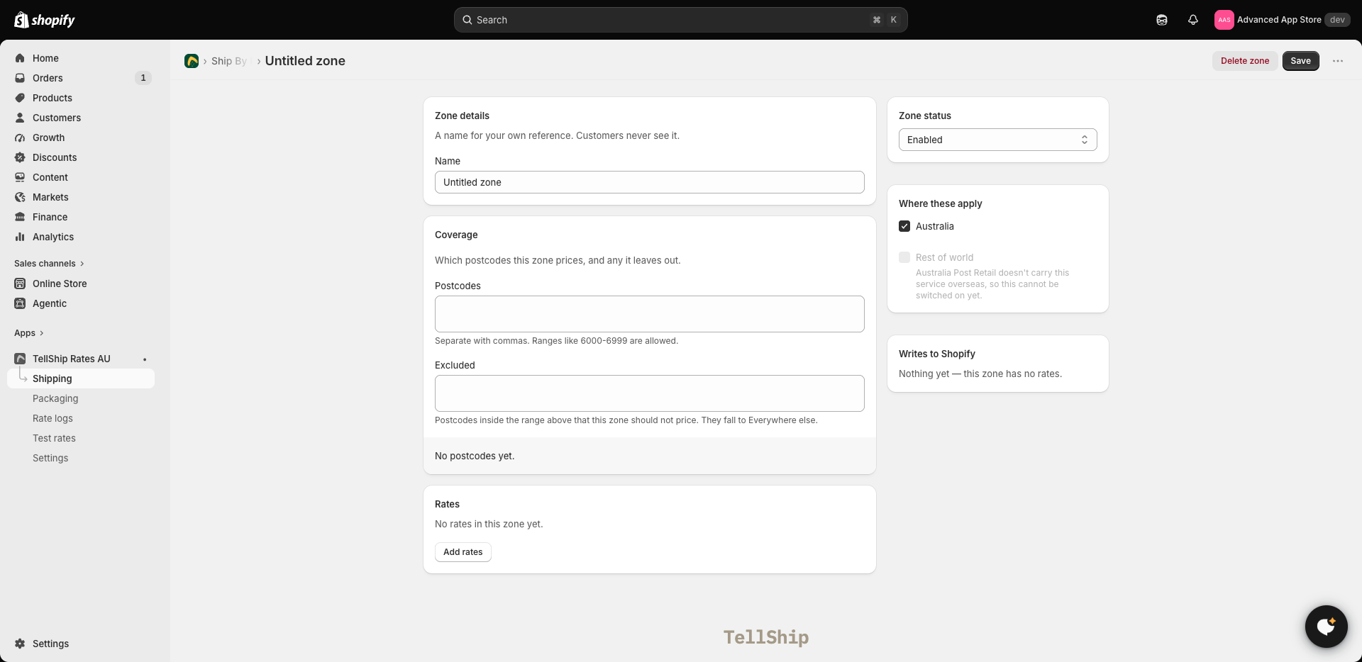 The zone editor: postcode ranges in one field, exclusions in the other