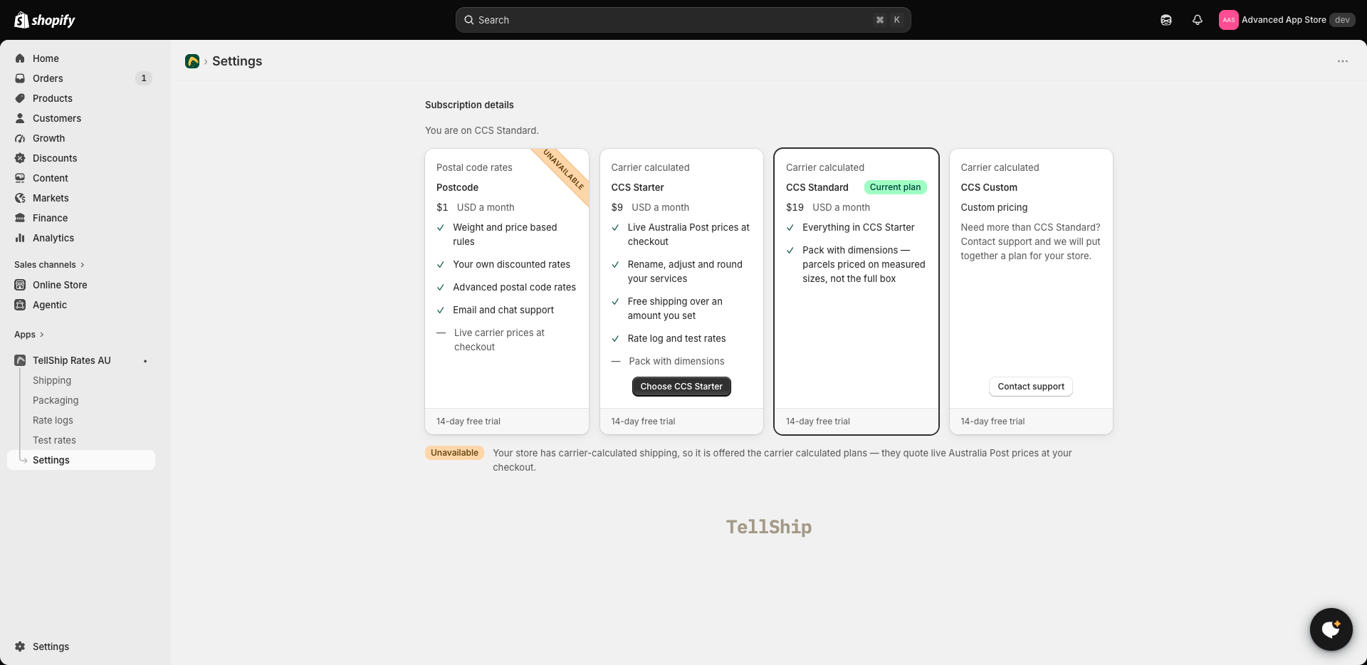 The plan picker on a store with carrier-calculated shipping: the Postcode plan marked unavailable, with the reason beneath
