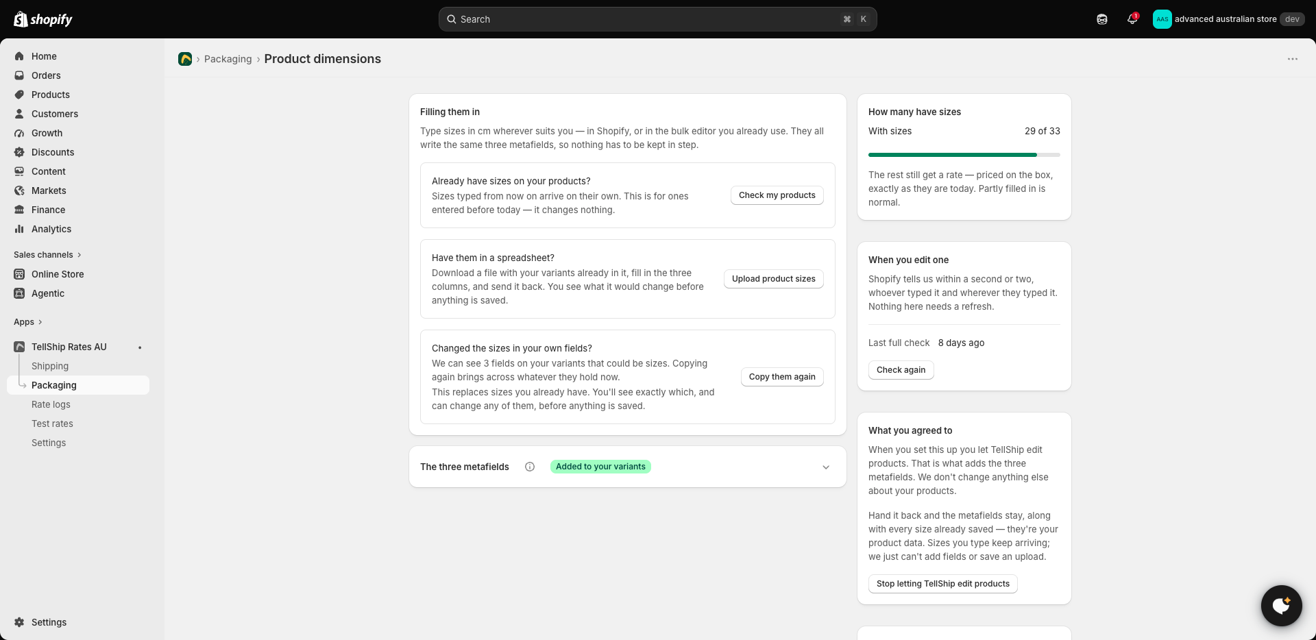 The Product dimensions screen: three ways in, coverage, and what you agreed to